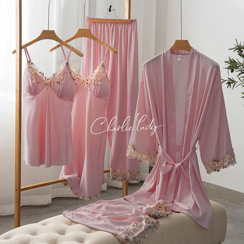 Picture of Spring and Autumn Pajamas Ice Silk Women's Spring and Summer Sexy Pajamas Five-piece Set Satin Nightgown Sling Nightgown with Chest Pad Home Clothes