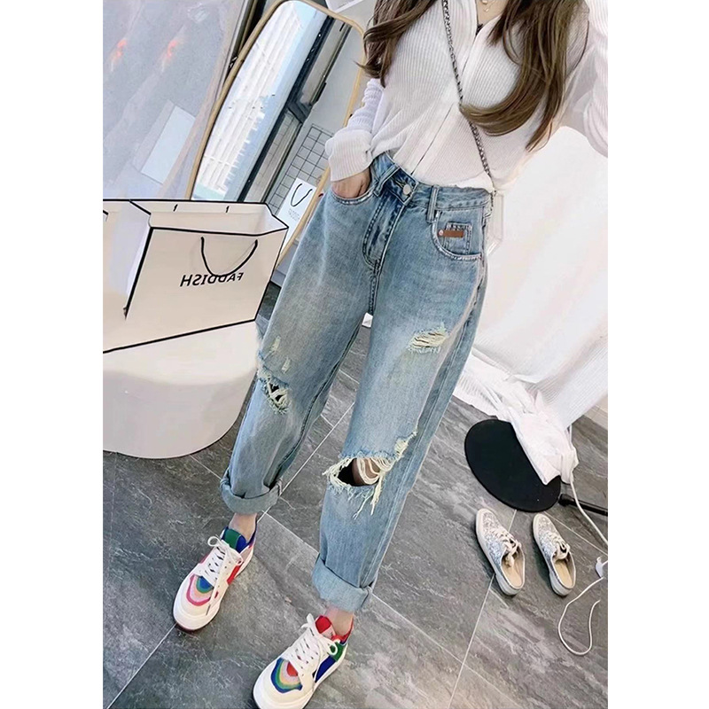 plus size Ripped Straight Jeans Women's 2023 New Spring and Autumn chubby girl Loose High Waist Slimming Dad Harem Pants