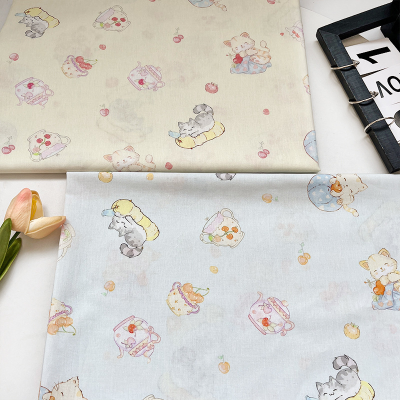 Cotton 40 Count Poplin Teapot Kitten Digital Printing Children's Clothing Shirt Dress Clothing Handmade DIY Fabric