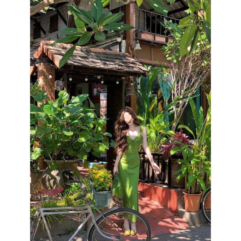 Eat Green Vegetables French Green Floral Ruffle Collar Suspender Dress for Women Spring and Summer