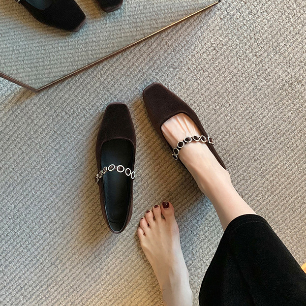 Sheepskin version ~ 2024 new genuine leather rhinestone velvet Mary Jane shoes women's spring square head buckle single-layer shoes