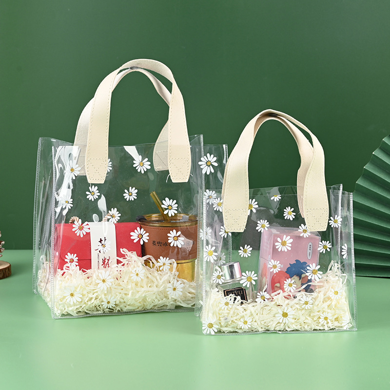 Small Daisy PVC transparent bag hand gift wedding bag gift cosmetics tote PU portable gift bag