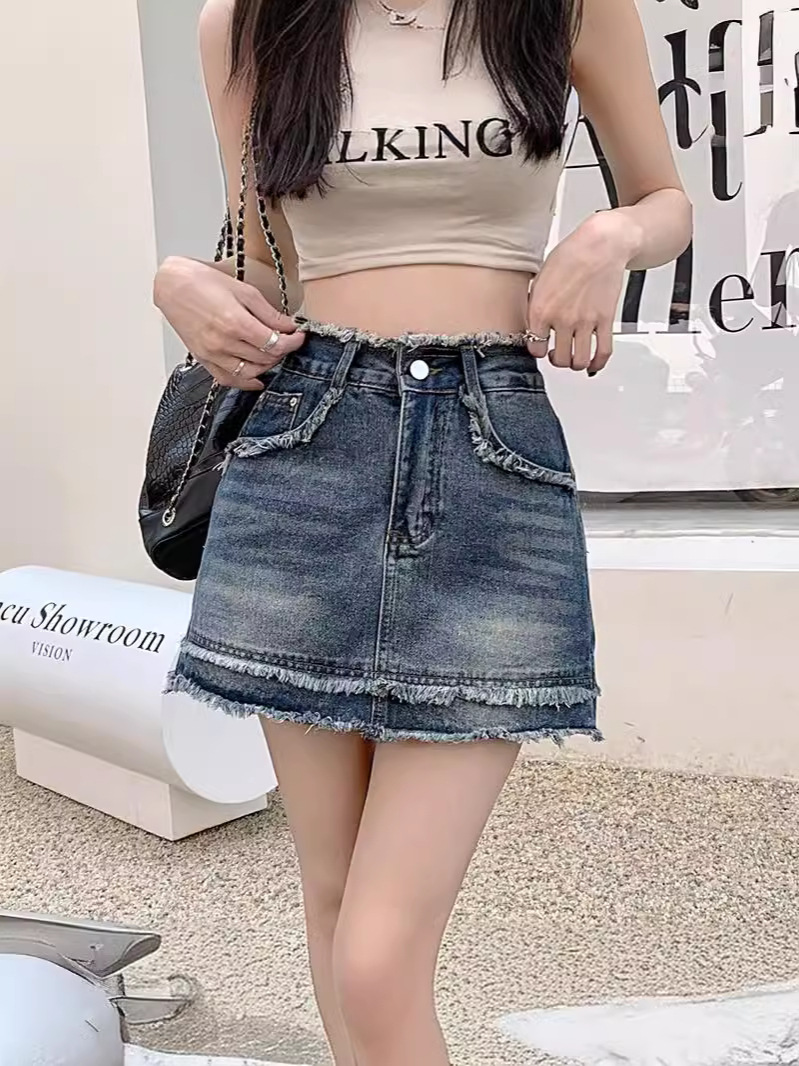 Vintage Denim Short Skirt Rapped Half-length Denim Skirt Women's A- line Thin Vintage High Waist Hot Girl Hip Skirt