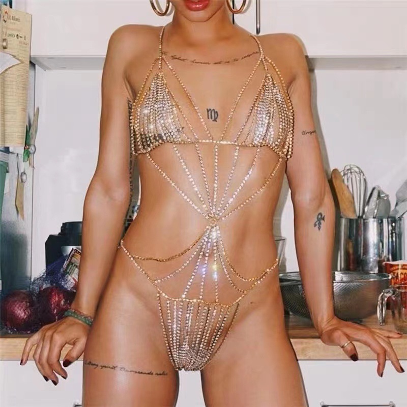 European and American full diamond body chain suit fashion shiny diamond nightclub evening bra thong rhinestone underwear suit