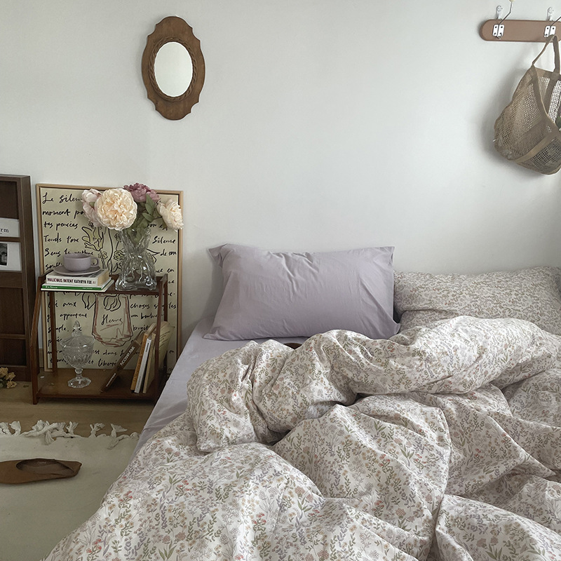 Picture of Small fresh pastoral style cotton bed four-piece set cotton bed sheet quilt cover quilt cover bed hat dormitory three-piece set