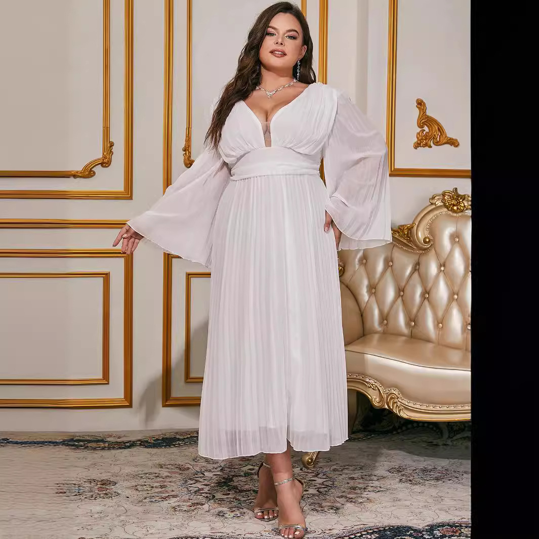 Women's plus-size plus size high-end women's skirts export hot V-neck long sleeve chiffon women's dress