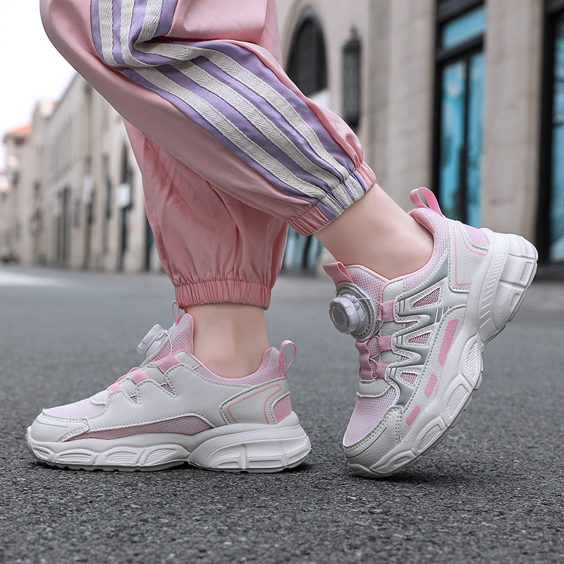 Girls' Shoes 2025 Autumn New Mesh Breathable Rotating Button Children's Sports Shoes Soft Sole Anti-Slip Casual Children's Shoes