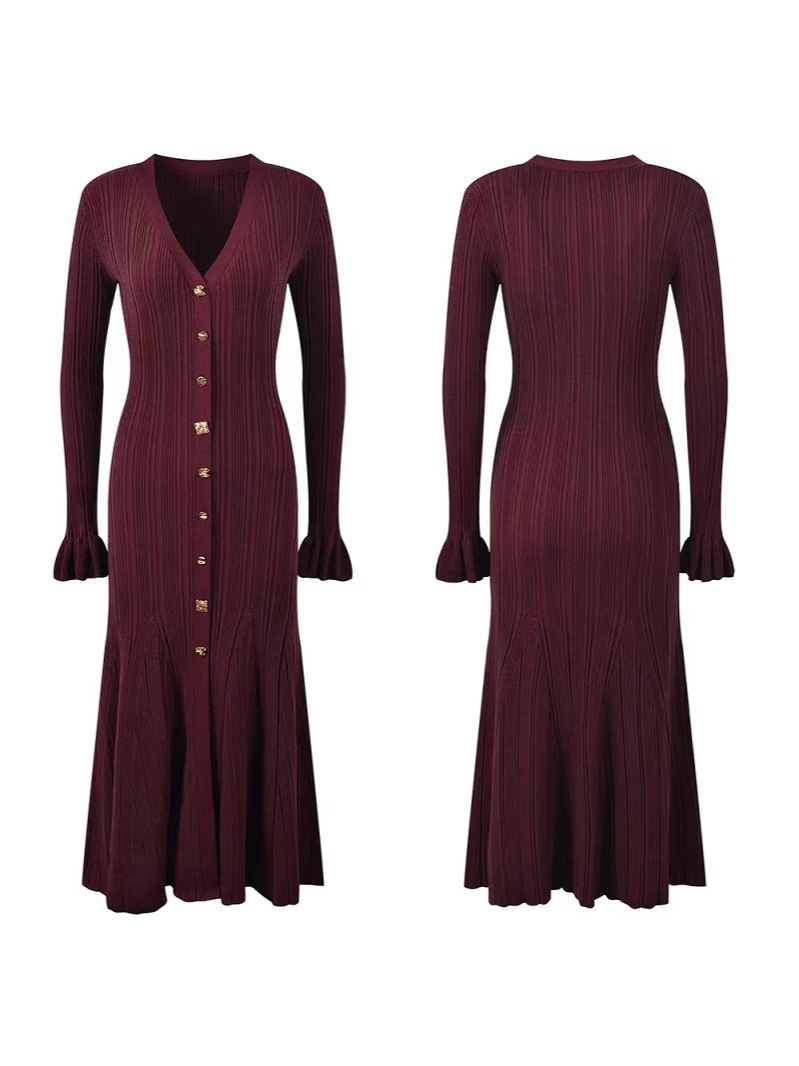 2025 New Autumn Style French Socialite Accessible Luxury Fine Glitter V Neck Single-Breasted Edge Sleeves Slim Slim Dress