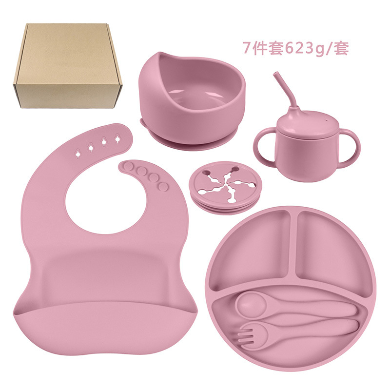 Picture of Cross-border Hot Selling Children's Supplementary Silicone Dinner Plate Bowl Fork Spoon Bib Five Pieces Tableware suit Drop Resistant Dinner Plate suit