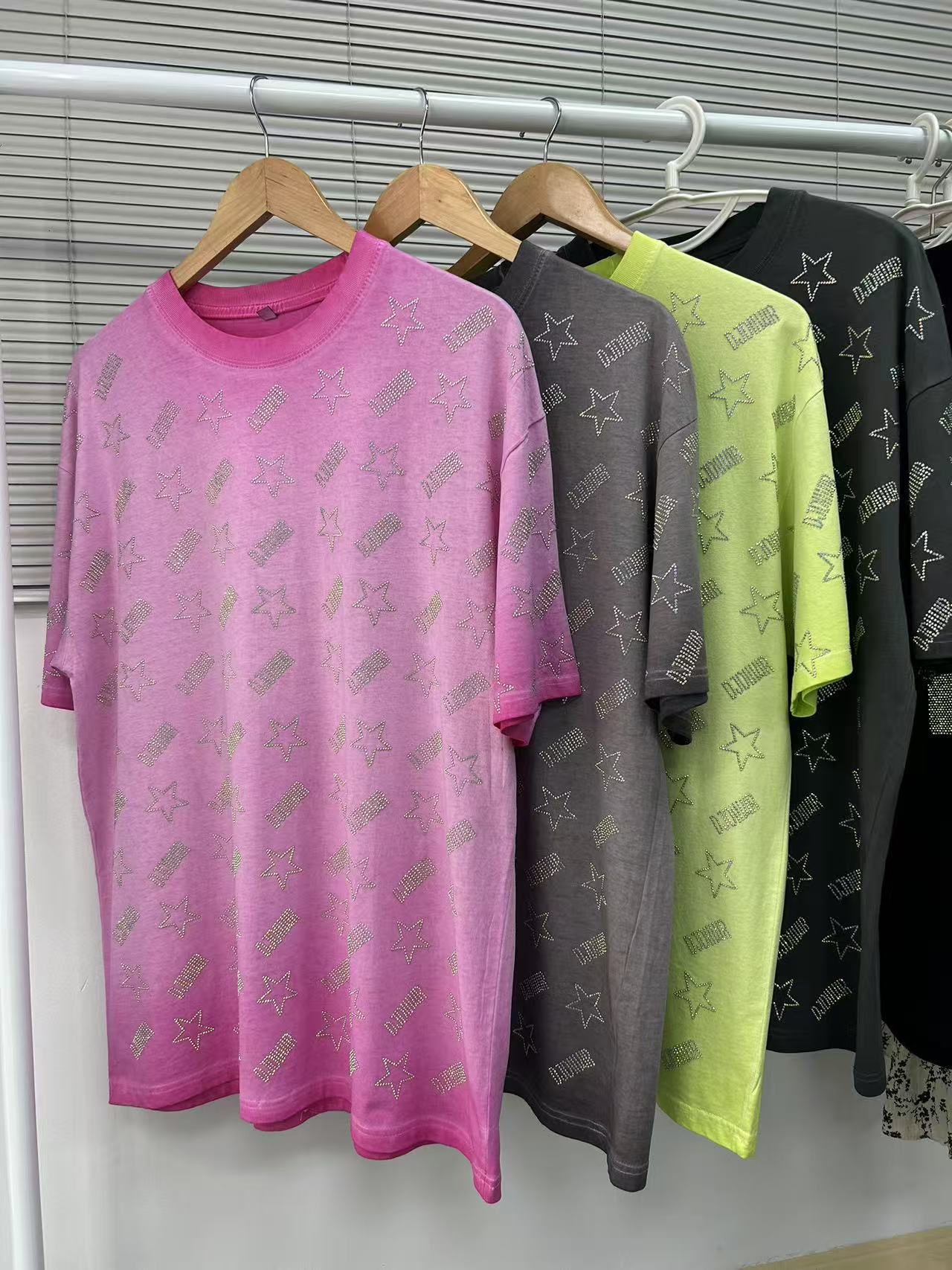 Wholesale Super plus size Women's Summer Round Neck Short Sleeve T-Shirt Women's European Heavy Industry Hot Drilling Washed Old Loose Top