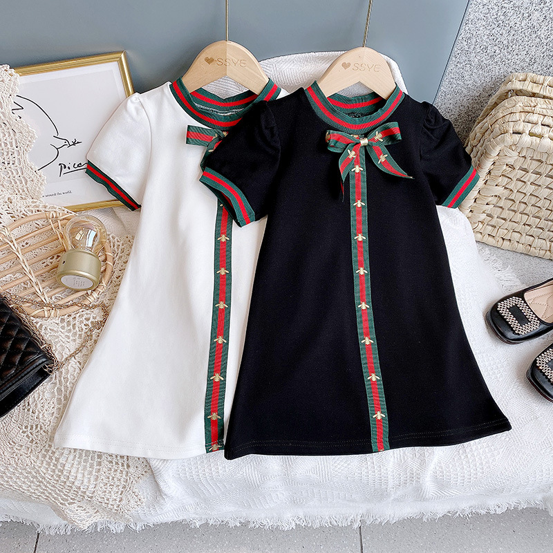 Korean Style Girls' Crewneck Bow Dress 2022 Summer New Arrival Girls' Bee Ribbon Princess Dress 773