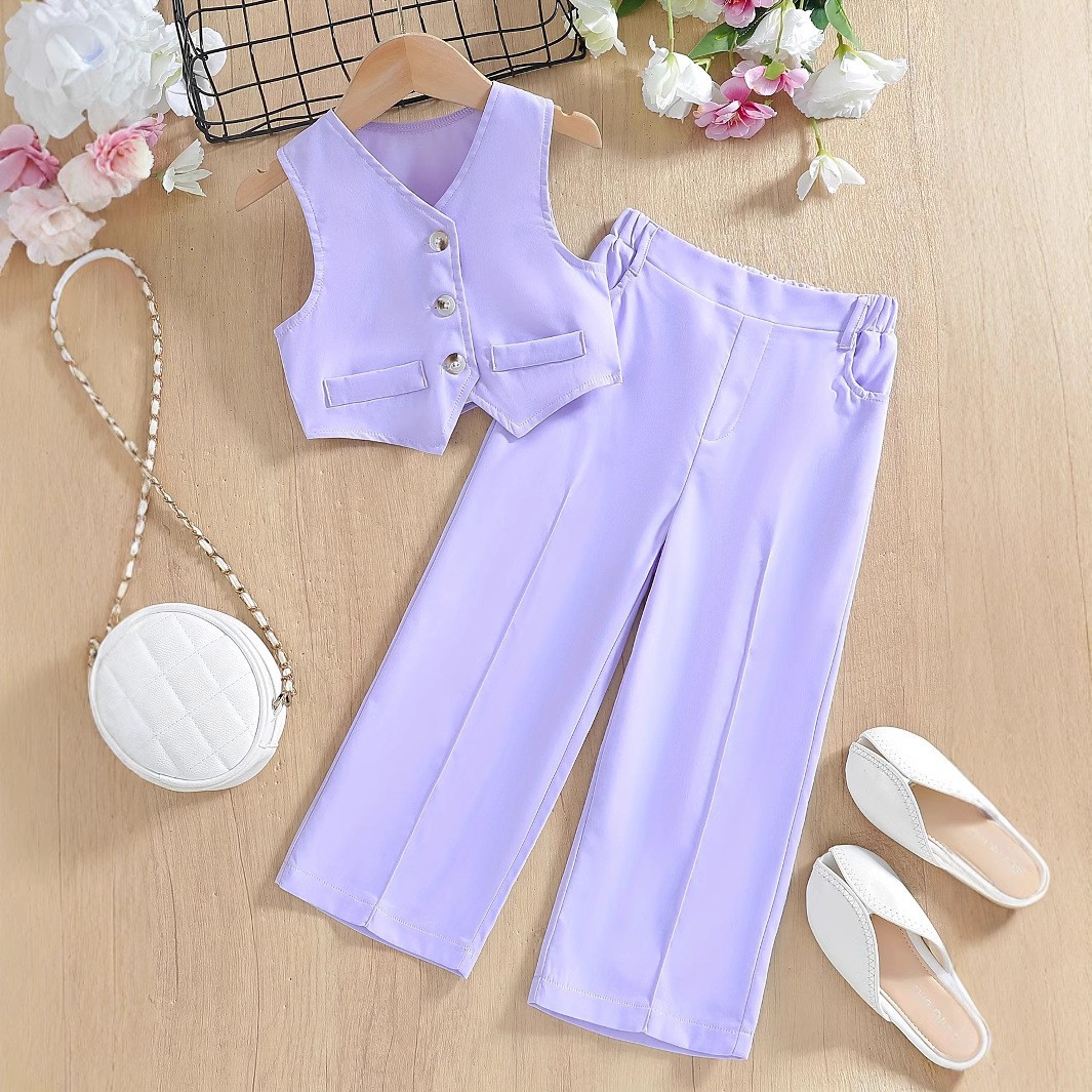 2025 New Purple Children's Suit Dress Summer Casual Fashion Vest suit Sleeveless Pants Two-piece Set
