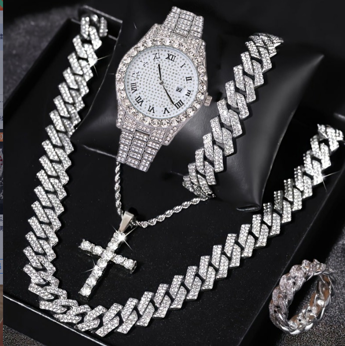 Cross-Border Popular Wholesale European and American Silver Jewelry Full Diamond Chain Necklace Roman Diamond Watch Rhombus Cuban Chain Cross