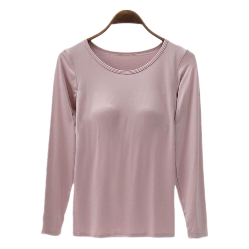 Modal Long-Sleeved Bottoming Shirt with Breast Pads That Can Be Worn Outside in Autumn and Winter, Women's Bra-Free Cup All-In-One No-Wire Pajamas