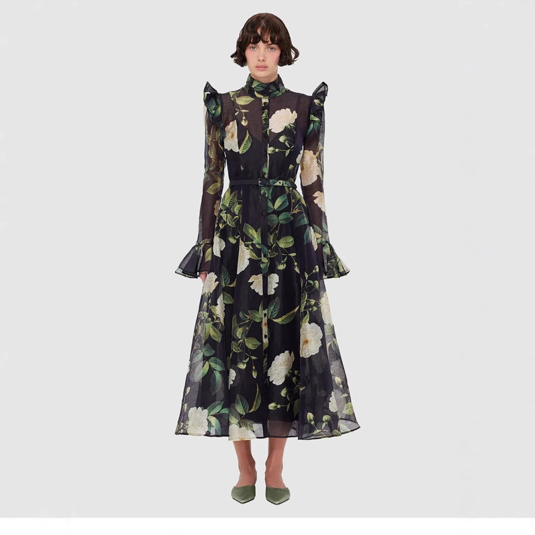 Cross-border in stock Niche Designer's Vertical Collar Irregular Large Print dress Single-breasted Long-sleeved Dress for Women