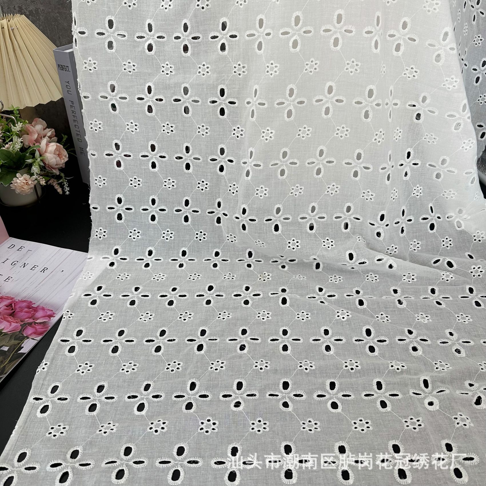 Four-Leaf Clover Cut Out Lace Embroider Fabric Summer Cotton Perforated Clothing Embroider Fabric Water-Soluble Cotton Embroider Fabric