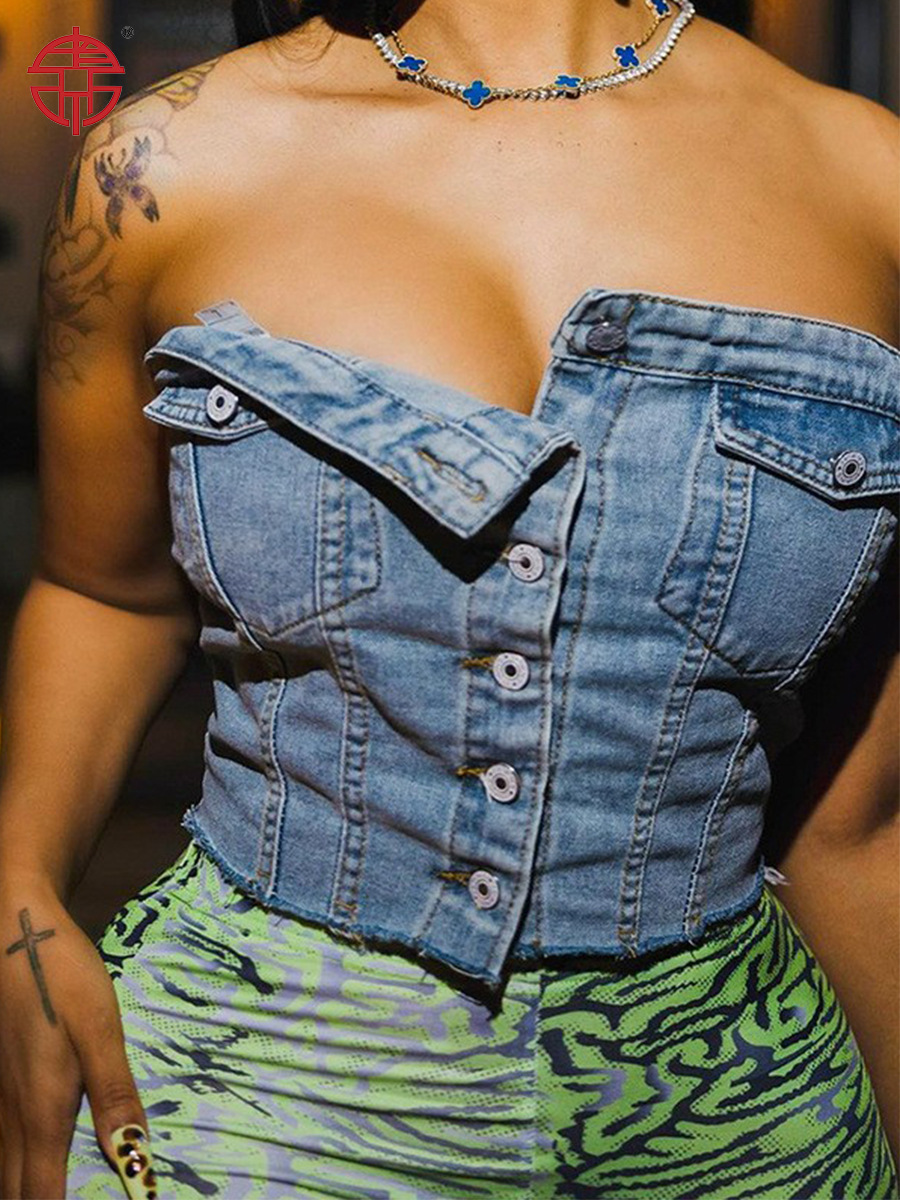 In-Stock European and American Women's Fashion 2025 Summer New Trendy Street Style Denim Elastic Wrap Chest Button Top Top