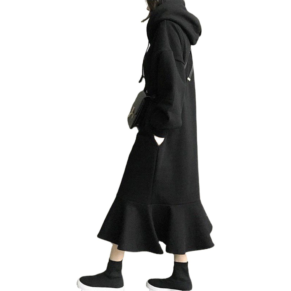 Spot 2024 Spring New Korean Style Loose Hooded Sweatshirt Dress over the Knee Fishtail Skirt Dress