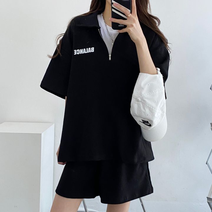 Picture of 4 Color High-end Cotton Zipper Set Two-piece Women's Short-sleeved Shorts Sportswear Solid Color Loose Summer Fashion Casual