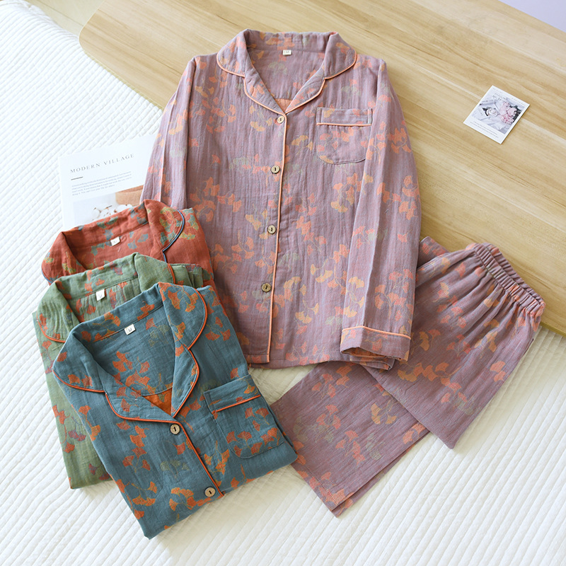 2023 New Style Thin Pajamas Women's Double Layer Yarn-dyed Cotton Yarn Long-sleeved Two-piece Casual Simple Home Clothes Set