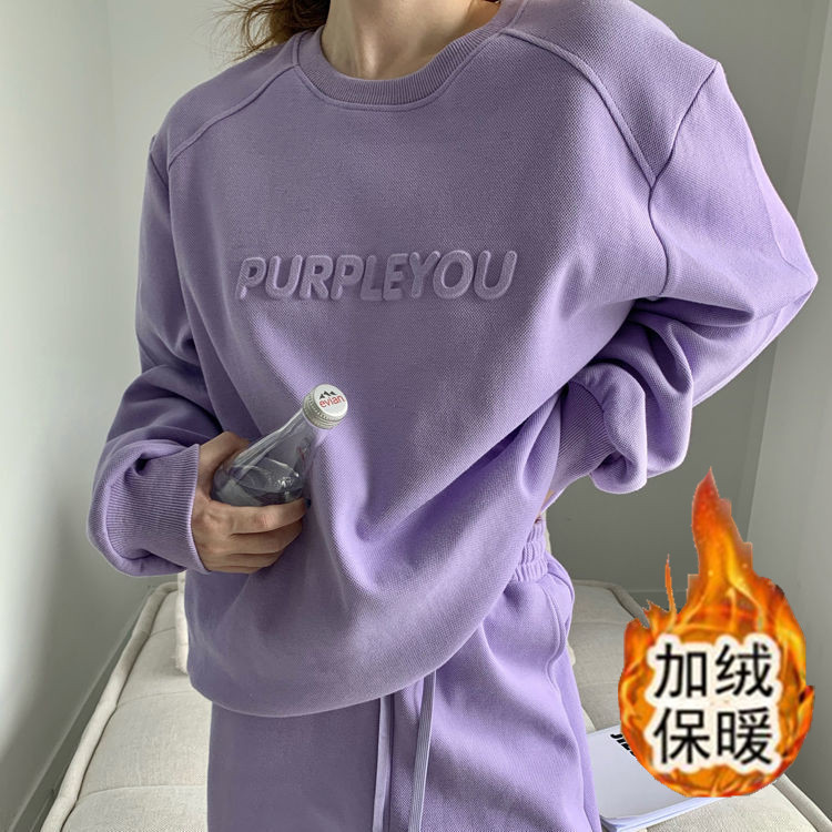 405# fleece-lined Thickened Sports Leisure suit Women's Autumn and Winter New Fashion Loose Sweatshirt Pants Two-Piece Set
