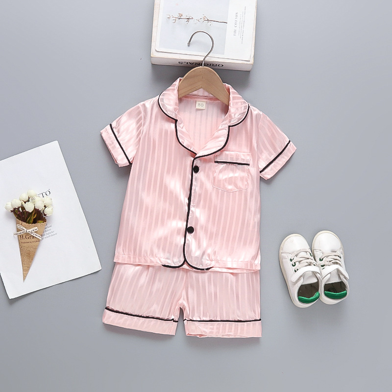 Foreign Trade Girls' Home Clothes suit Summer New Style Cute Baby Soft and Comfortable Breathable Vertical Short Sleeve suit Trendy