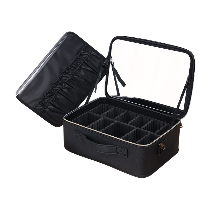 Picture of New makeup bag tall with mirror large capacity portable beauty cosmetics partition storage box black