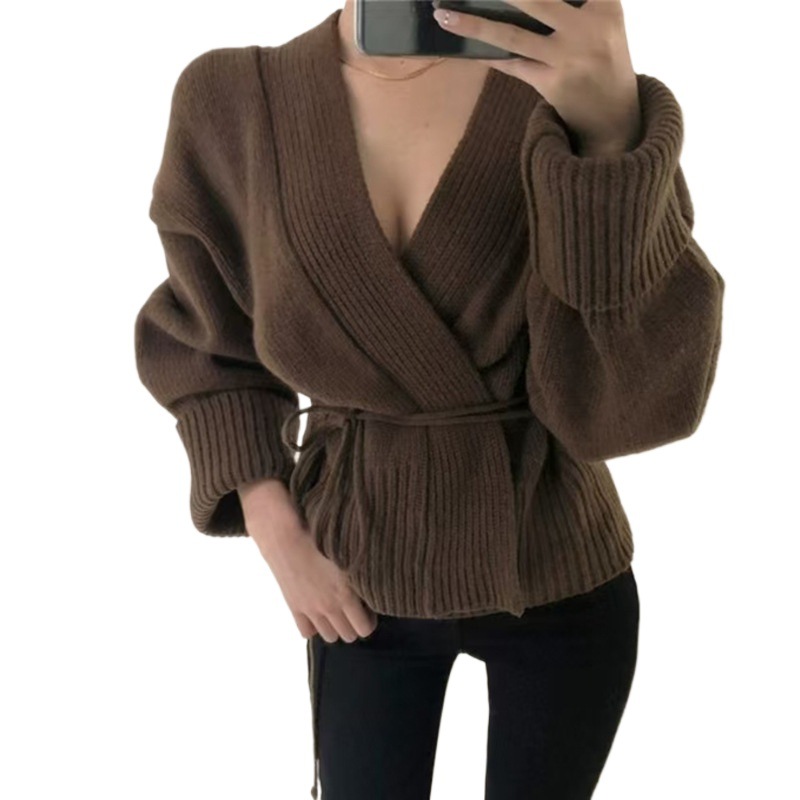 Picture of Autumn and Winter Lazy Wind Net Infrared Wear V-Neck Knitted Cardigan Sweater Short Jacket Design Sense Niche Women's Top