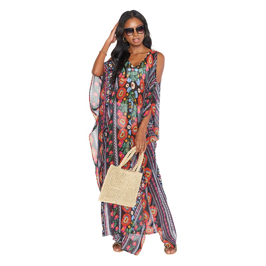 New Positioning Printed Chiffon Robe Loose Long Dress Beach Bikini Swimsuit Blouse Seaside Vacation Sunscreen Shirt