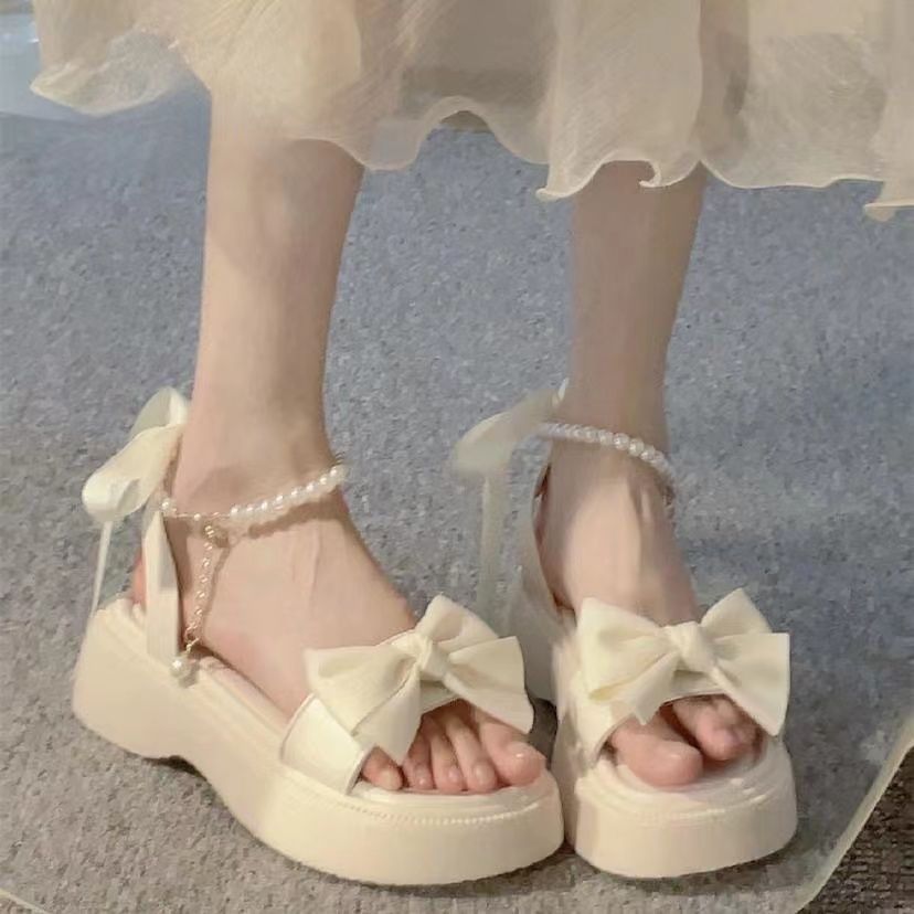 Sandals Women's 2023 New Summer Bow Fairy Style Thick-soled Pearl Style Fashion Open Toe Roman Women's Shoes
