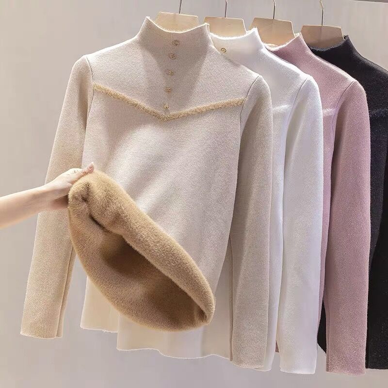 One-Piece Velvet Knitwear for Women with Velvet and Thickeneded Half Turtleneck 2024 Autumn and Winter Knitted Inner Knitted Knitwear Top
