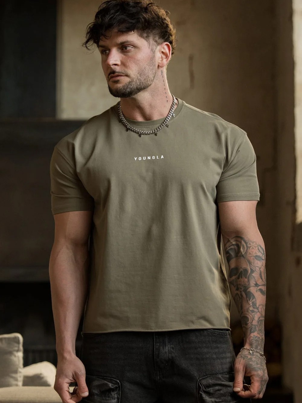 YOUNGLA American New Men's T-shirt Muscle Sports Fitness Slim-fit Short-sleeved Outdoor Running Training Cotton T-shirt