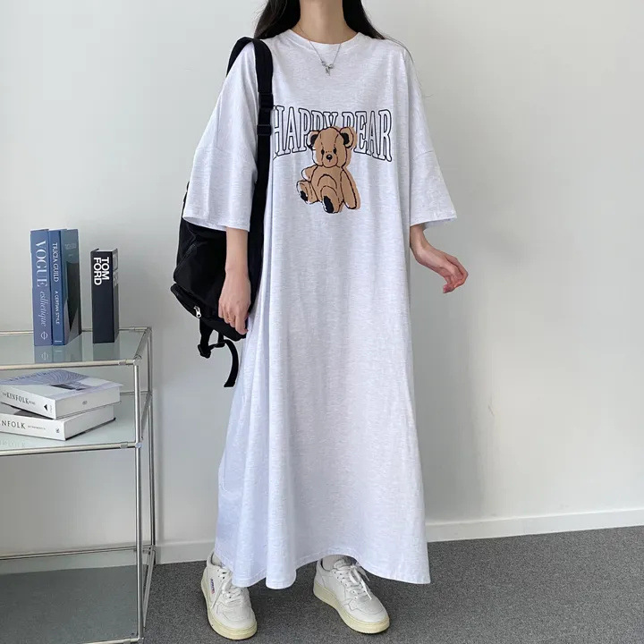 Foreign Trade Short-sleeved T-shirt Dress Mid-length Women's Summer Korean Style Loose Slimming Over-the-knee Long Dress Casual Straight Korean Style