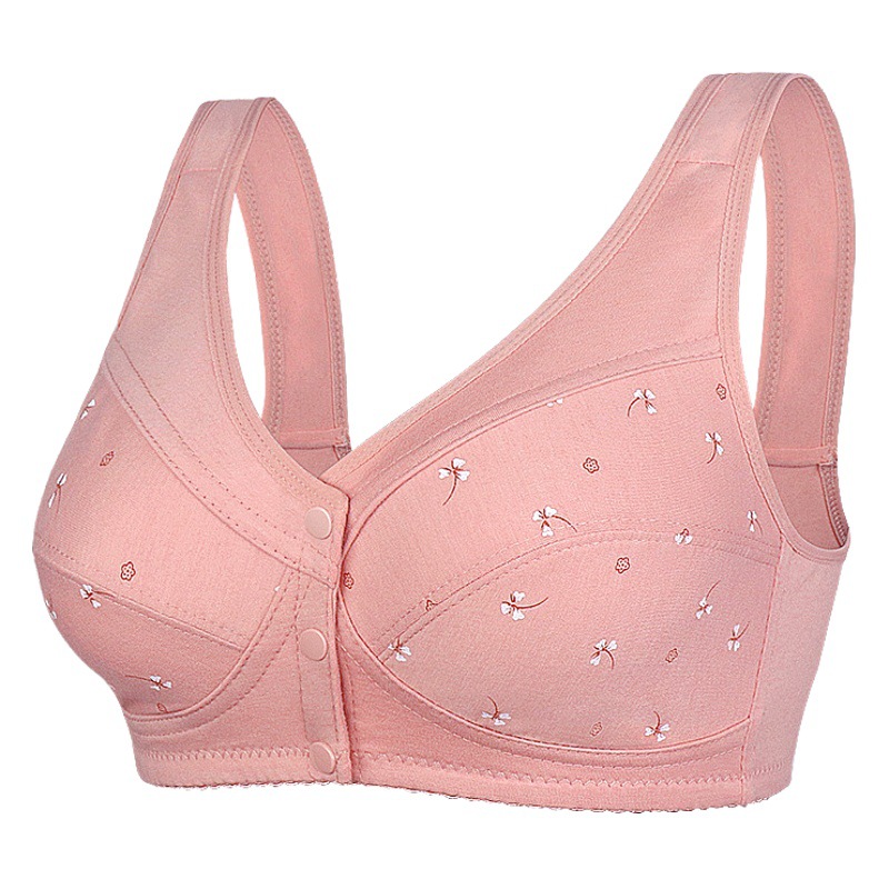 Soft cotton front buckle middle-aged and elderly thin Cup underwear women's printed wireless vest New plus size bra
