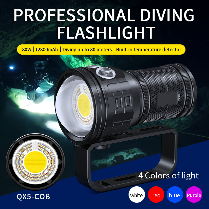 2021 New QX5 diving fill light four-color white red blue purple lens photography flashlight underwater 80 m IPX8