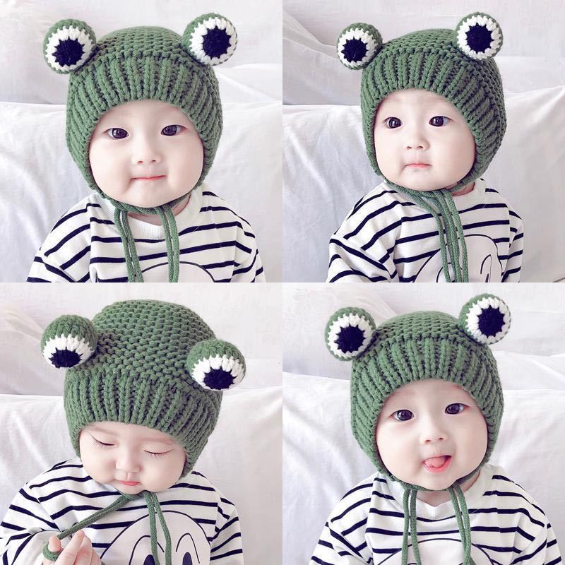 Baby hat autumn and winter baby cute baby wool cap for boys and girls ear protection frog knitted cap warm