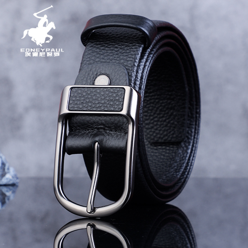 Men's Pure Cowhide Belt Pin Buckle Genuine Leather Belt Fashion Litchi Pattern Top Layer Cowhide Casual All-Match Trendy Men's Trendy Trousers