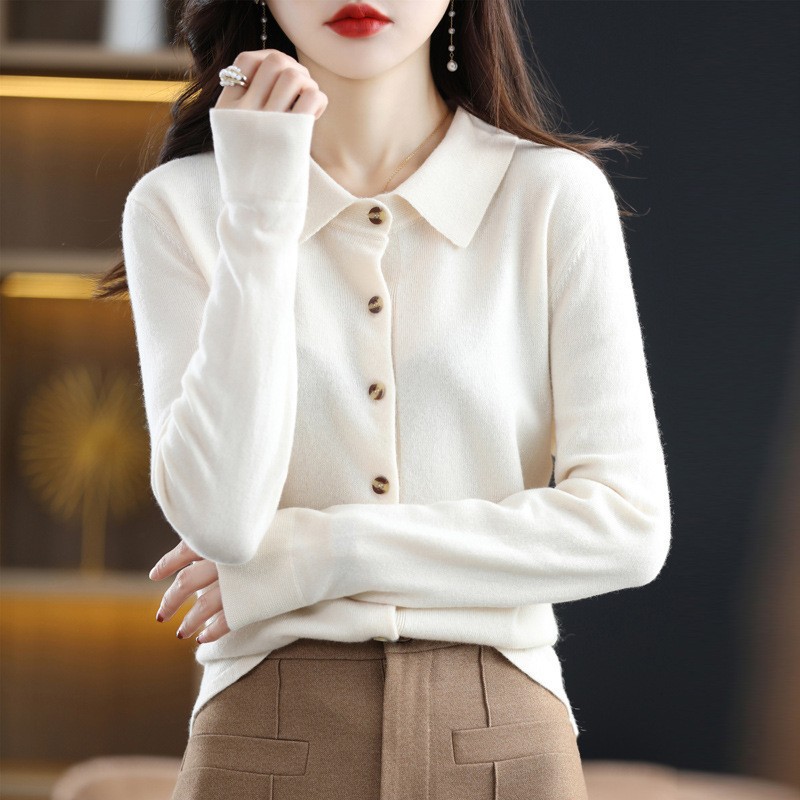 Picture of Spring and Autumn POLO Collar Shirt Women's Outerwear Loose Long-sleeved Sweater Non-cashmere Lapel Knitted Cardigan Top Jacket