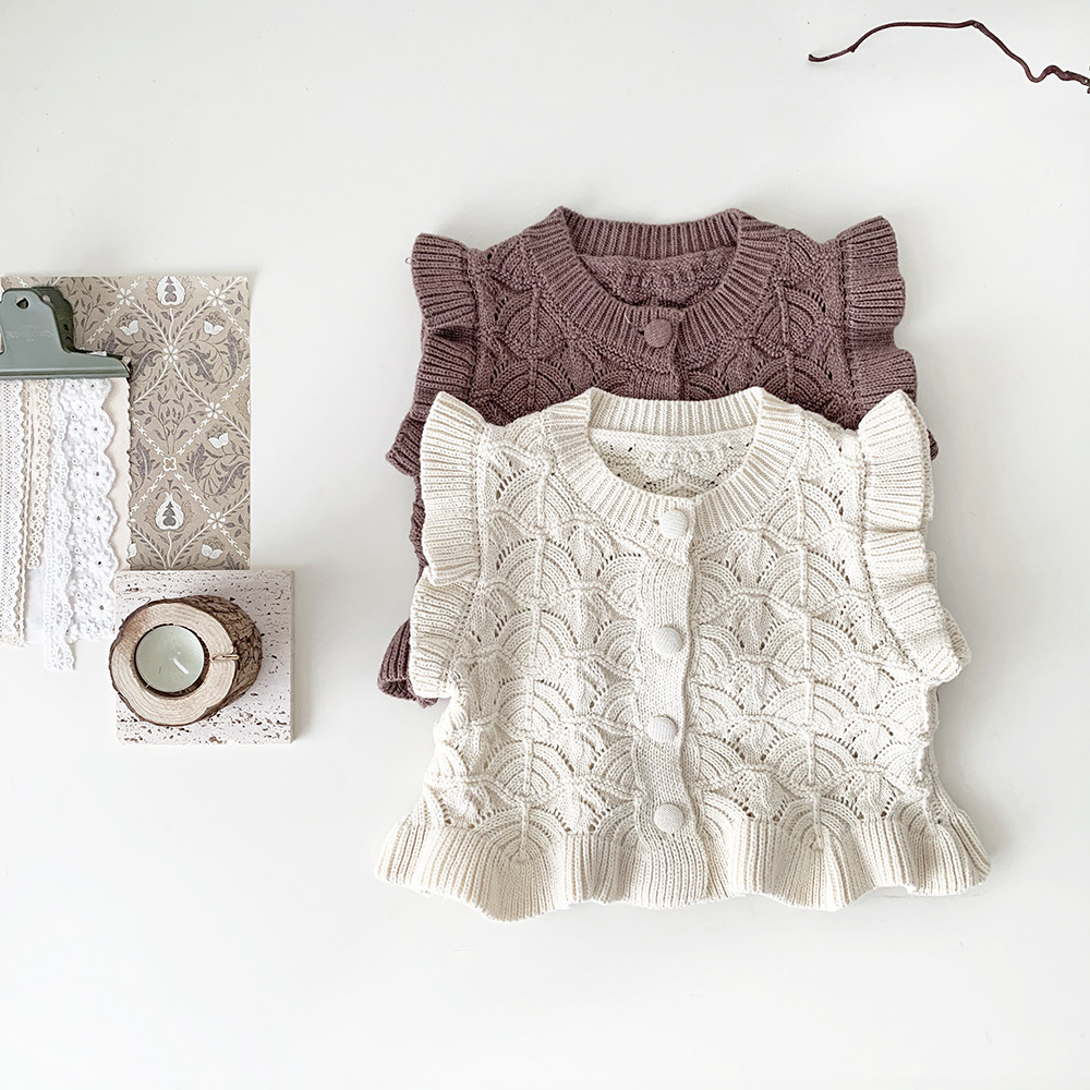 Cutemily Spring & Fall Cotton Baby Girl Cut Out Woolen Cardigan Vest Girl Baby Lotus Leaf Retro Short Vest