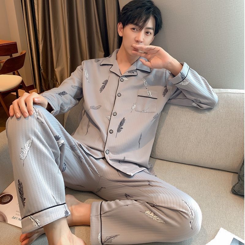 Men's Pajamas Cotton Spring and Autumn Long Sleeve Cardigan plus size Simple Fashion Brand Casual Youth Home Clothing suit