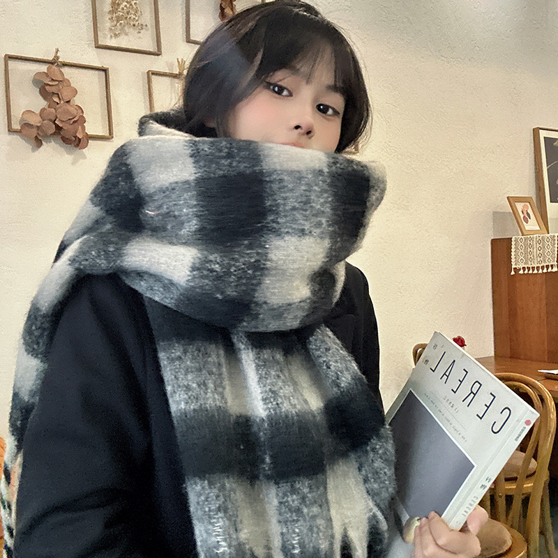 All-match magic ~ dark blue light blue * plaid scarf mohair warm thickened Korean style scarf autumn and winter shawl couple