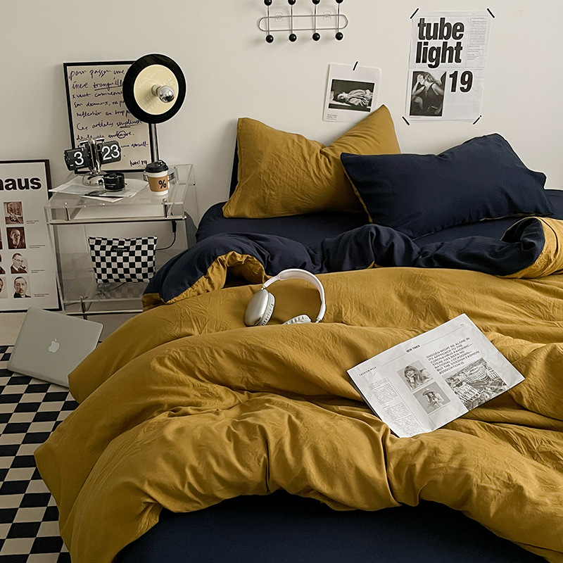 Picture of Four-piece bed set A can sleep naked wash cotton quilt cover solid color bed sheets student dormitory three-piece bed hat wholesale 4