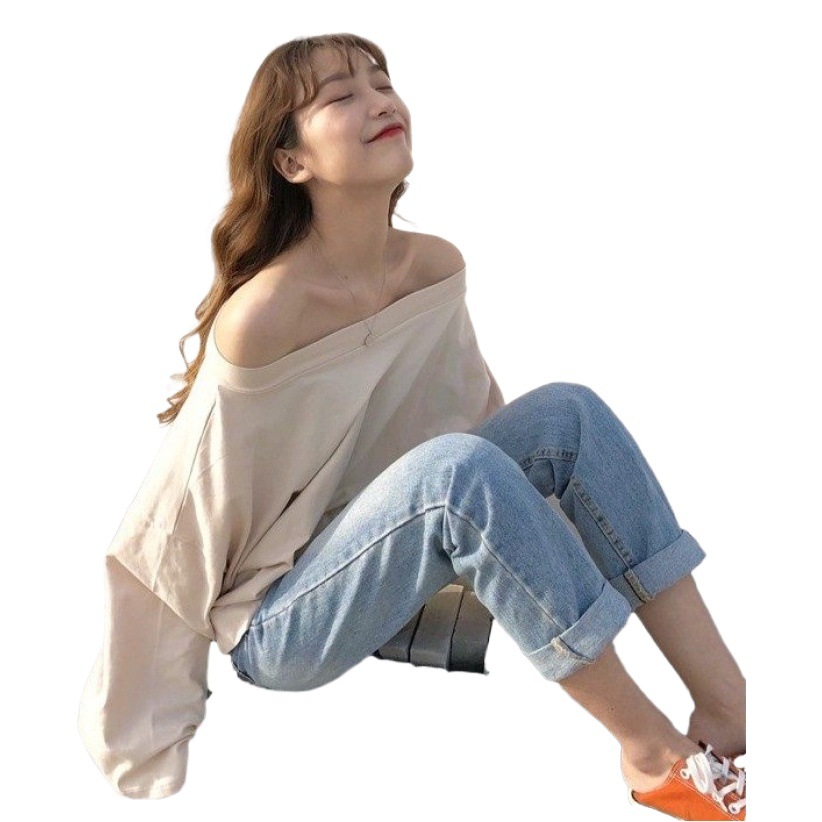 Women's New Korean Women's Loose Shoulder Long-sleeved T-shirt Loose Shoulder Top Casual Base Shirt Women's Sweater