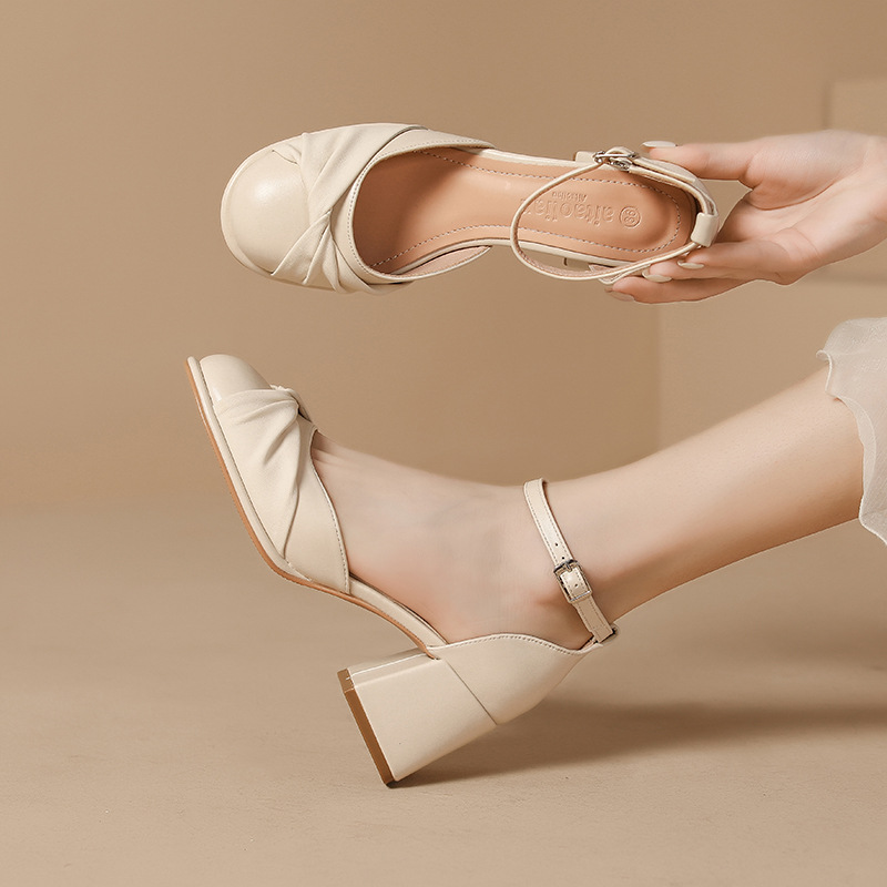 2025 New Sandals Women's Summer French Shoes Fairy Small Fragrance Style Thick Heel Baotou High Heels Hollow Sandals
