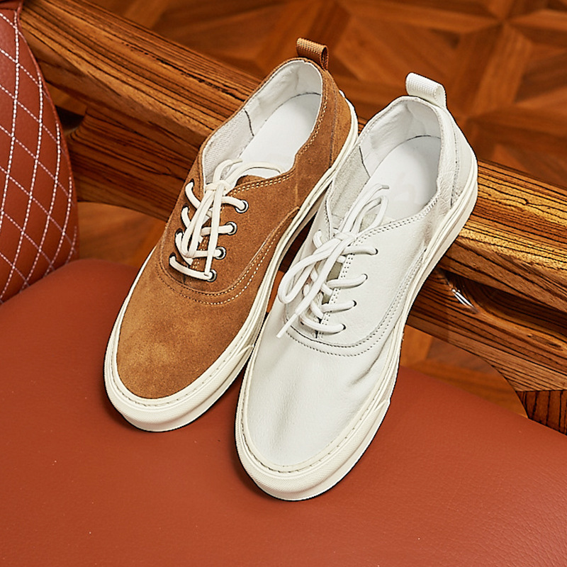 Cross-border British Korean-style Leather Sneakers Soft-soled Soft-top Low-top Canvas Shoes Cowhide Comfortable Casual White Shoes for Men