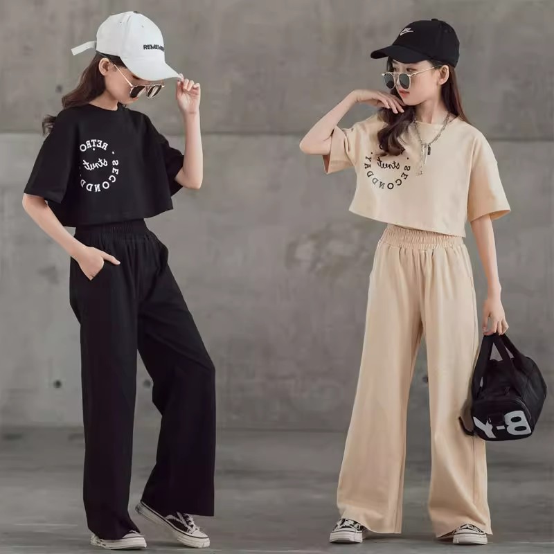 Summer Girl's Western-style Letter suit 2024 New Arrival Zhongda Children's Casual Short-sleeved Sports Fashion Two-piece Set