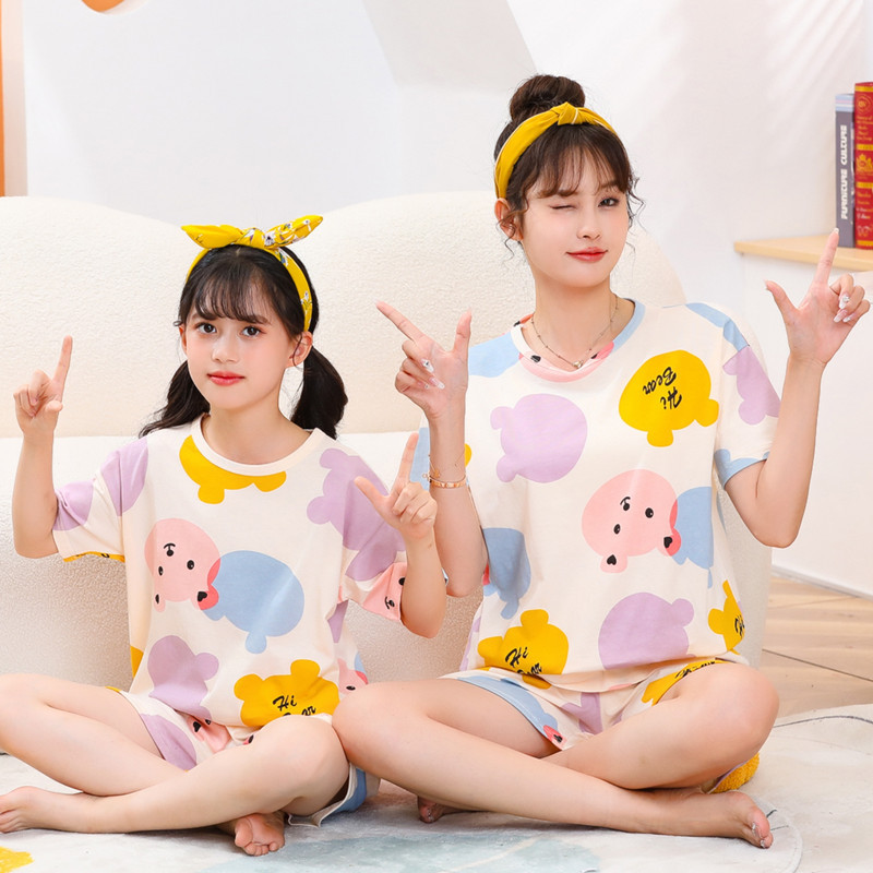 Picture of Children's Pure Cotton Short-Sleeved Home Clothes Set Family Mother-Daughter Home Cartoon Princess 2-Piece Set Summer Thin Cotton