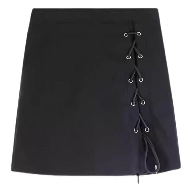 Black skirt women's 2024 spring high waist A- line skirt design lace-up hip skirt hot girl short skirt ins fashion