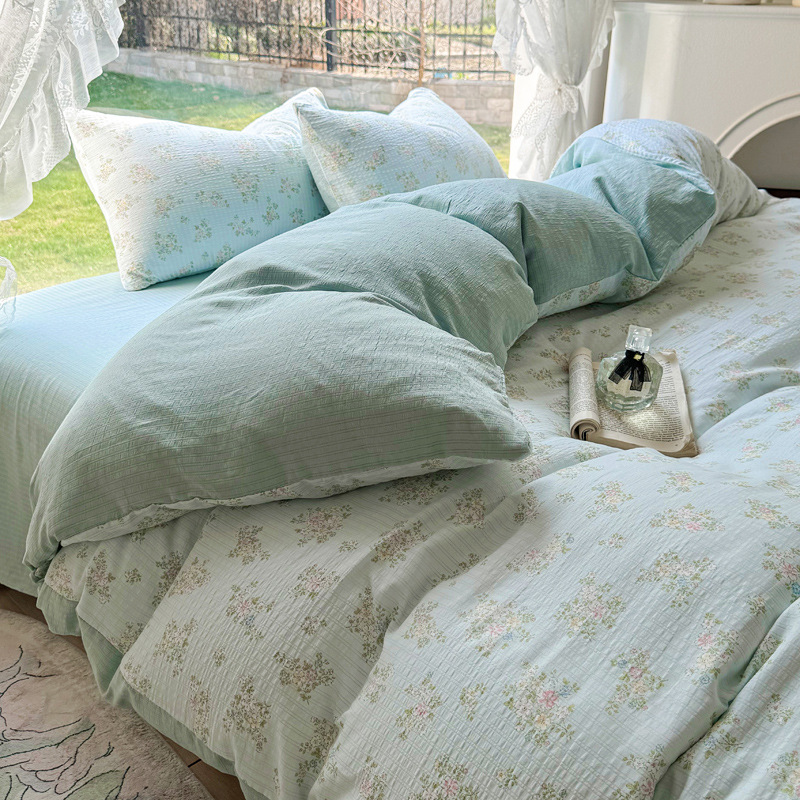 Picture of Class A Maternal and Infant Grade Fresh Small Zhu Cotton Four-piece Set Washed Cotton Bed Sheet Quilt Cover Three-piece Set for Student Dormitory