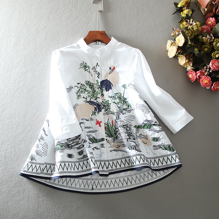Casual loose stand collar embroidered crane retro 7-point sleeve A- line cloak shirt temperament slimming women's top agent